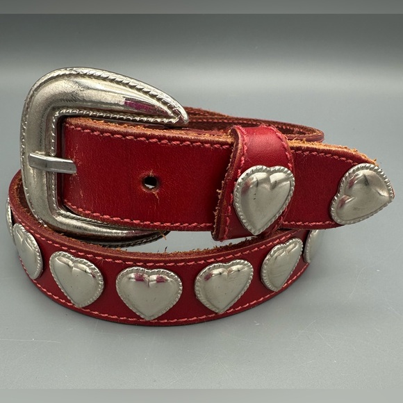 Vintage Accessories - VTG Red Leather Belt with Silver Tone Heart Accents Made in Mexico 29.5”-33.5”